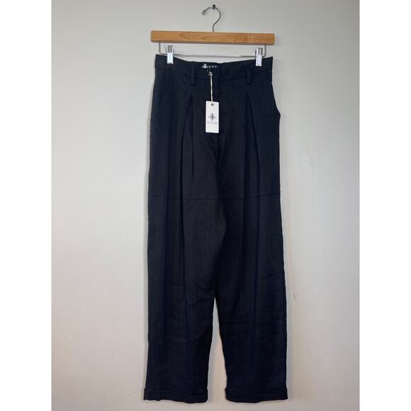 NWT Just Bee Queen Linen Blend Kai Pleated Ankle Straight Leg Black Pant - Picture 2 of 10